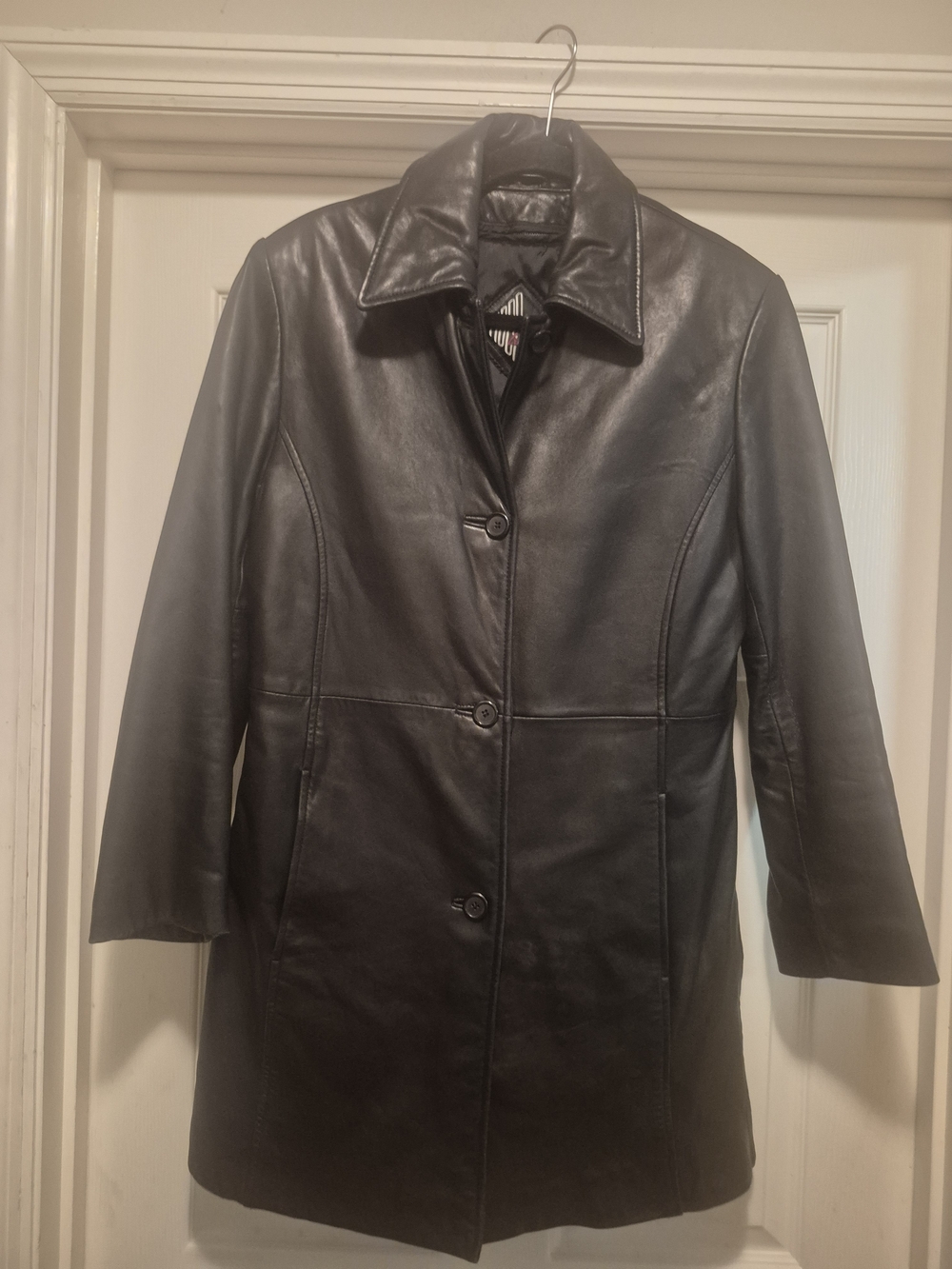 Tiboa Black Smooth Leather Mid Length Buttons Pockets Lined Jacket Size S